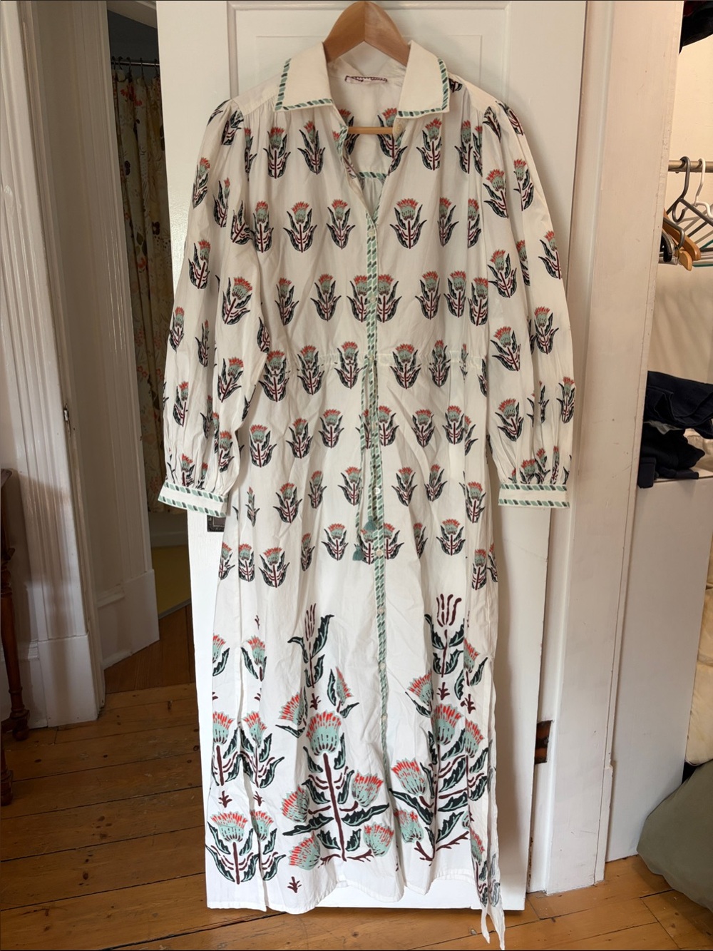 Omika XS White Floral Maxi Shirt Dress with Green Trim